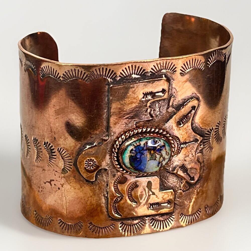 Southwestern Copper & Sterling Opal Cuff Bracelet Stamped Thunderbird Design 7”
